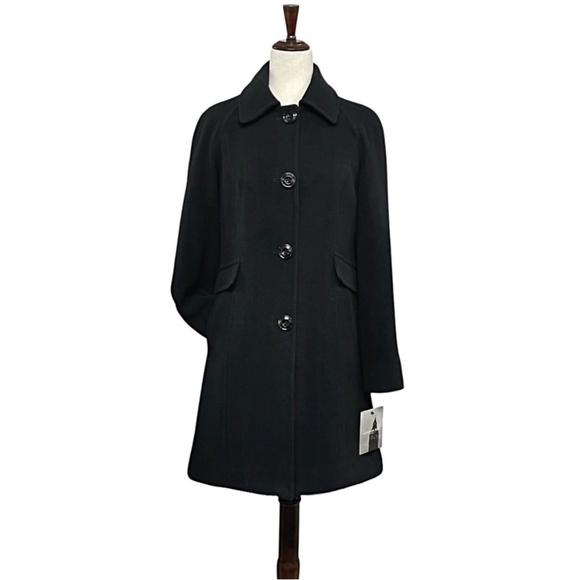 London Fog Single Breasted Black Wool Blend Peacoat Plaid Fringe Scarf Size S - Picture 7 of 12